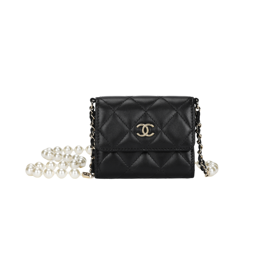 CHANEL Lambskin Illusion Pearl With Gold Metal Crossbody Bag, Shoulder Bag, Coin Purse Women's Black