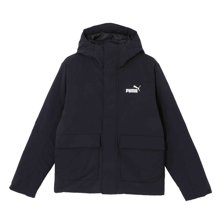 PUMA Puffer Jackets Men's Black Hooded Moderate Cargo Puffer Jacket