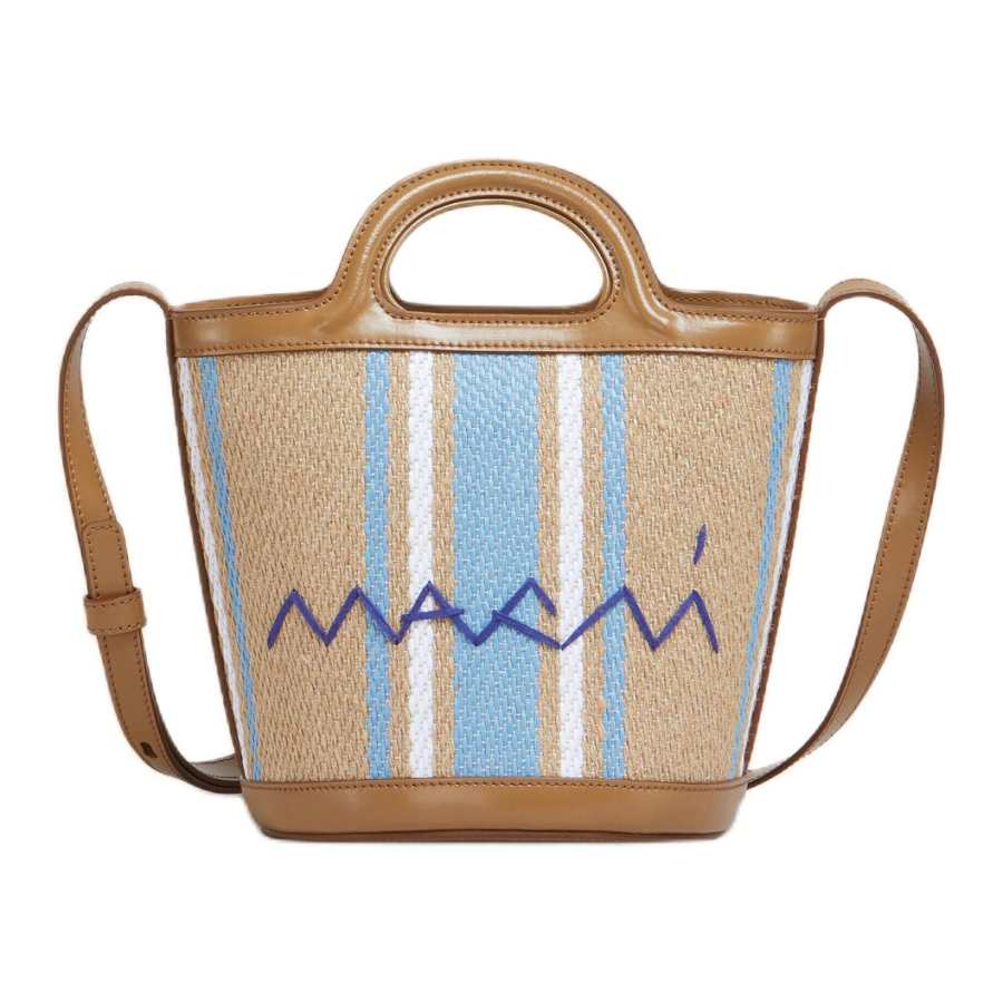 MARNI TROPICALIA Jute With Linen Bucket Bag, One Shoulder Handbag Small Women's Brown & Multicolor