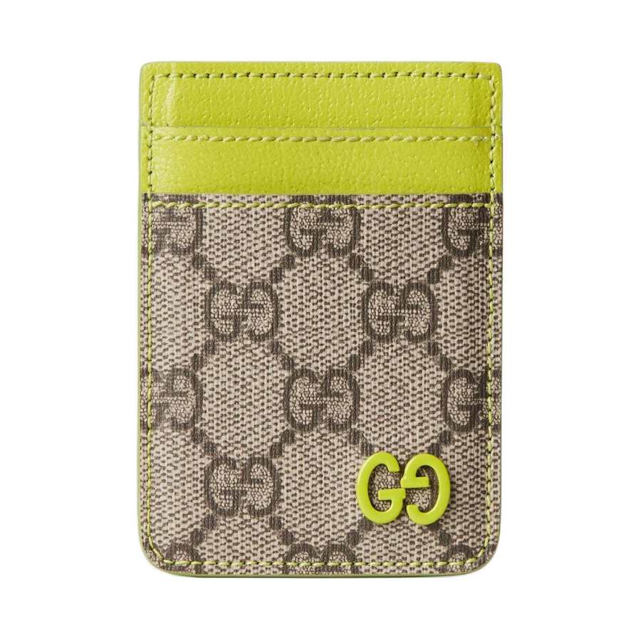 GUCCI Canvas With Leather Magnetic Card Holder Unisex Beige & Dark Brown