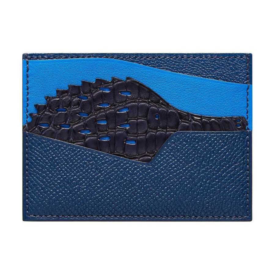 HERMES Calfskin Card Holder Men's Dark Blue & Black