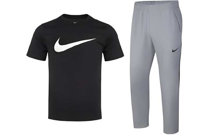 Nike Nike Casual Sportswear Men's Set Black Short Sleeved Shirt+Light Gray Pants Crew Neck Moderate
