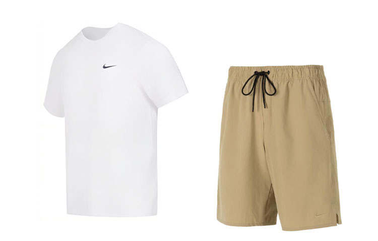 Nike Nike Casual Sportswear Men's White T Shirt+Khaki Shorts Crew Neck Moderate