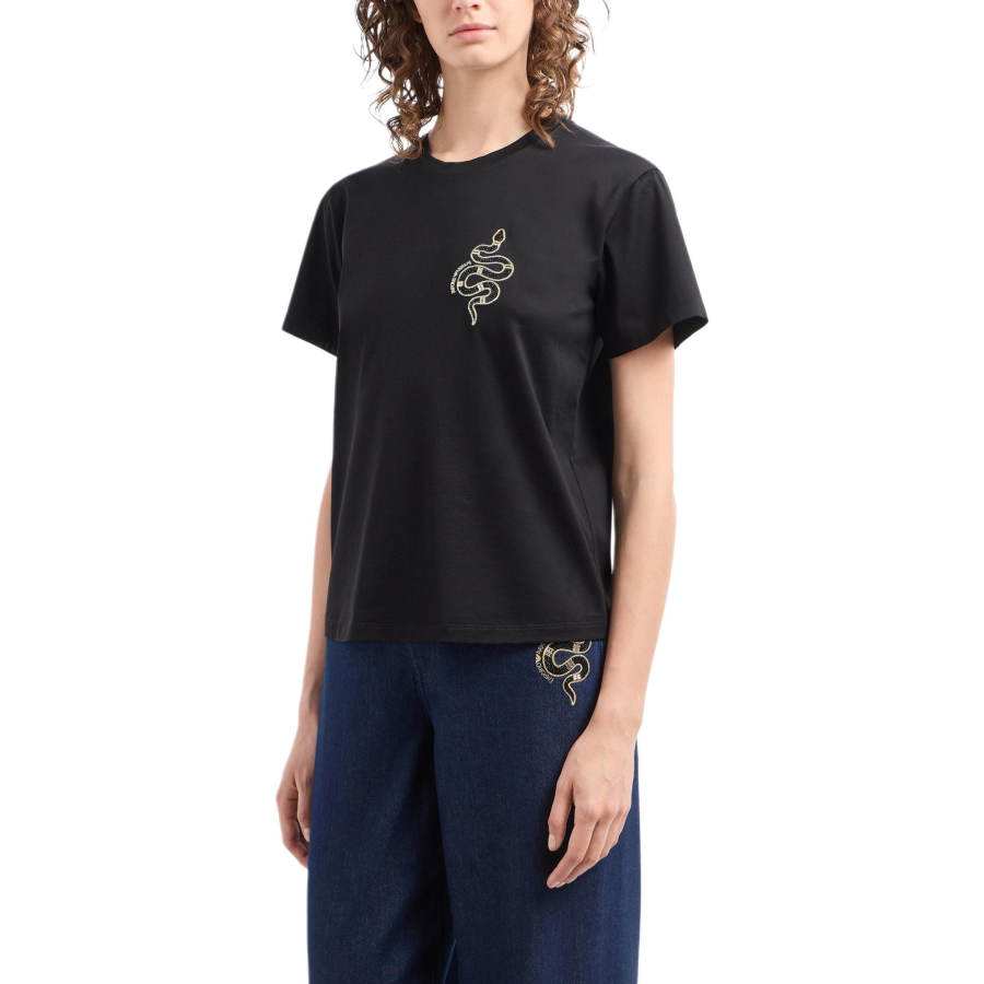 EMPORIO ARMANI SS25 Logo Print Crew Neck Short Sleeved T Shirt T Shirt Women's Black