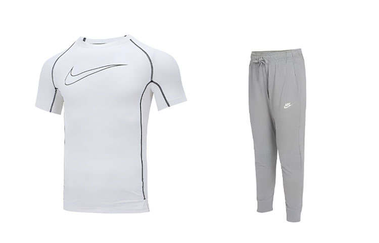 Nike Nike Casual Sportswear Men's White T Shirt+Gray Pants Crew Neck Moderate