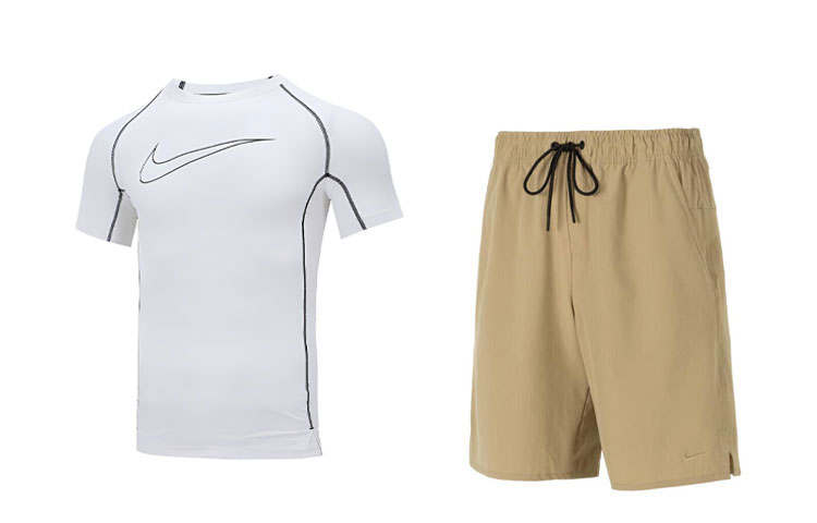 Nike Nike Casual Sportswear Men's White T Shirt+Khaki Shorts Crew Neck Moderate