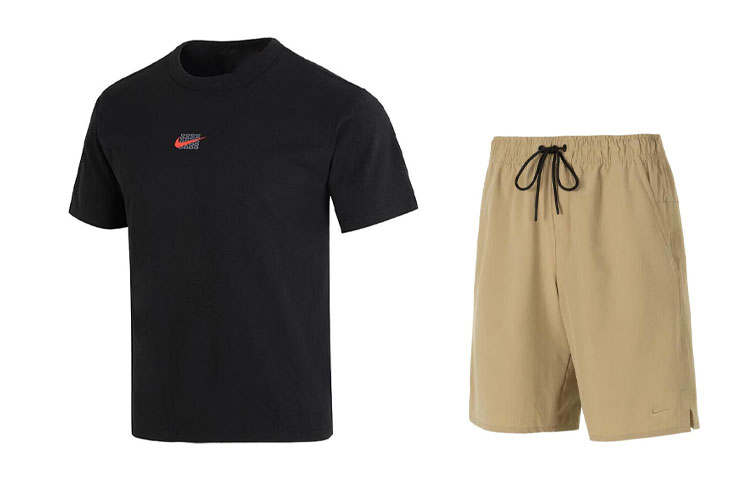 Nike Nike Casual Sportswear Men's Black T Shirt+Khaki Shorts Crew Neck Moderate