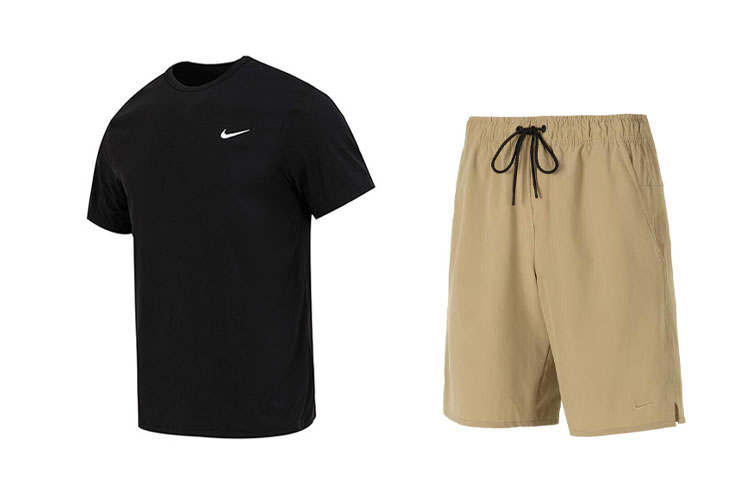Nike Nike Casual Sportswear Men's Black T Shirt+Khaki Shorts Crew Neck Moderate