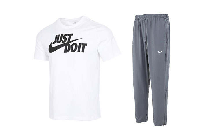 Nike Nike Casual Sportswear Men's Clothing Set White T Shirt+Gray Pants Crew Neck Moderate