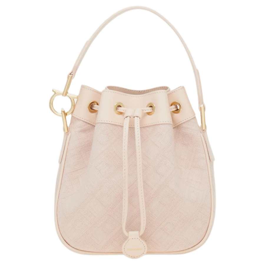 FERRAGAMO Letter Pattern Calfskin Bucket Bag, One Shoulder Handbag Women's Ballet Pink