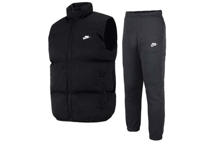 Nike Nike Solid Color Stand Collar Vest Fleece Lined Knitted Fabric Pants Casual Sportswear Men's Black