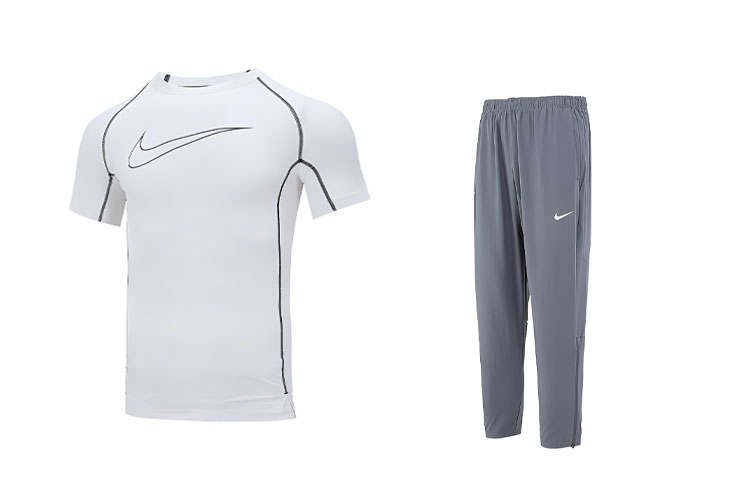 Nike Nike Casual Sportswear Men's White T Shirt+Gray Pants Crew Neck Moderate