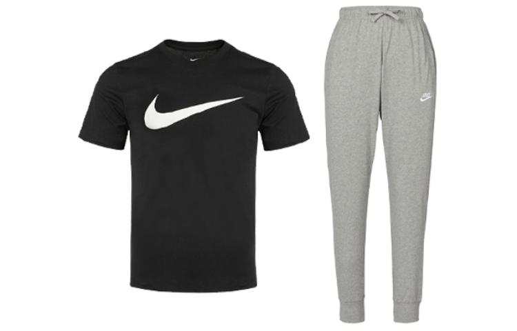 Nike Nike Casual Sportswear Men's Set Black Short Sleeved Shirt+Light Gray Pants Crew Neck Moderate