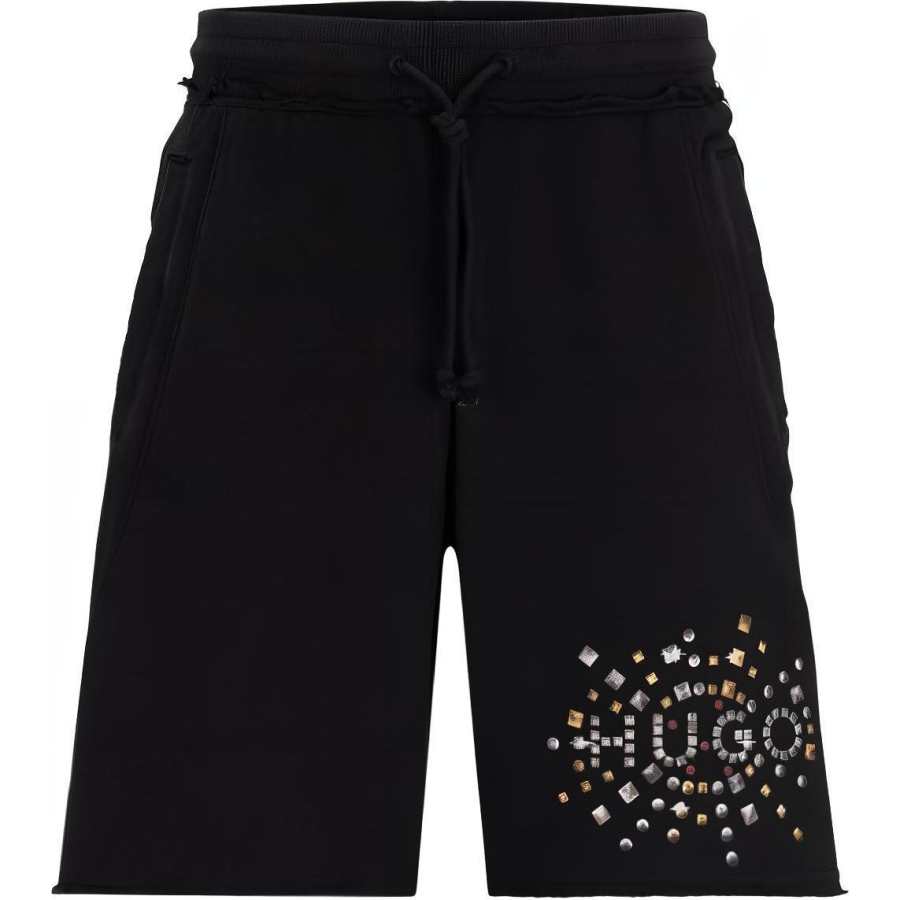 HUGO BOSS Cotton Terry Shorts With Stud Effect Artwork Casual Shorts Men's Black