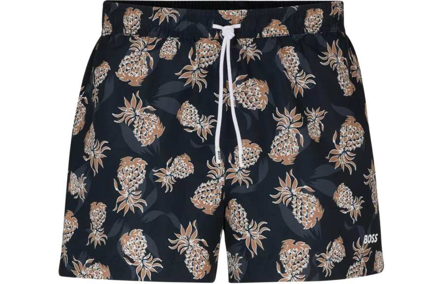 HUGO BOSS Fully Lined Swim Shorts With Pineapple Motif Beach Shorts Men's Blue