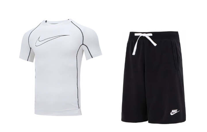 Nike Nike Casual Sportswear Men's White T Shirt+Black Shorts Crew Neck Moderate