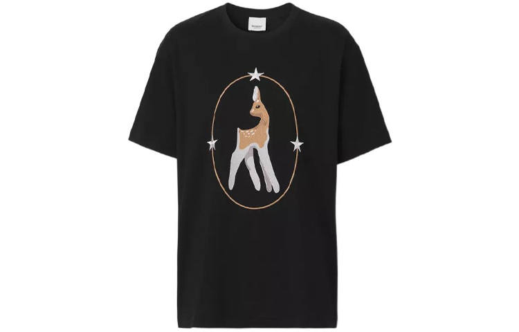 Burberry SS22 Deer Pattern Cotton Loose Fit Pullover Short Sleeved T Shirt Women's Black