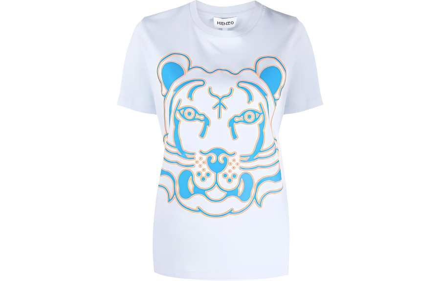 KENZO SS22 Neon Tiger Print Pullover Short Sleeved T Shirt Women's White Blue