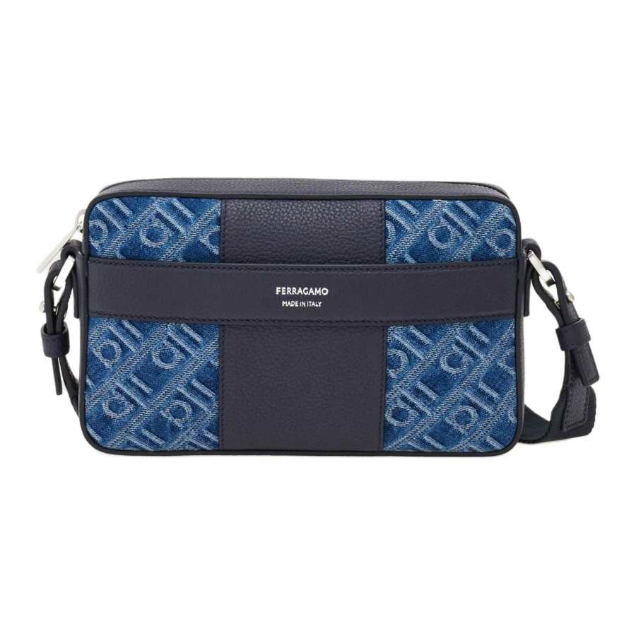 FERRAGAMO Hammered Texture Calfskin With Fabric Shoulder Bag Unisex Denim