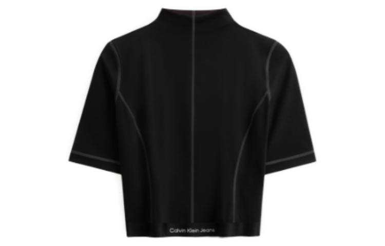 Calvin Klein T Shirts Women's Space Black BEH Stand Collar Moderate Cinched Waist