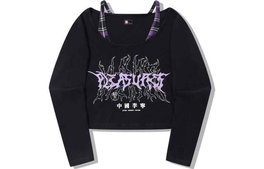 Li-Ning Li Ning X PLEASURES T Shirts Women's Black Crew Neck Moderate Straight Fit