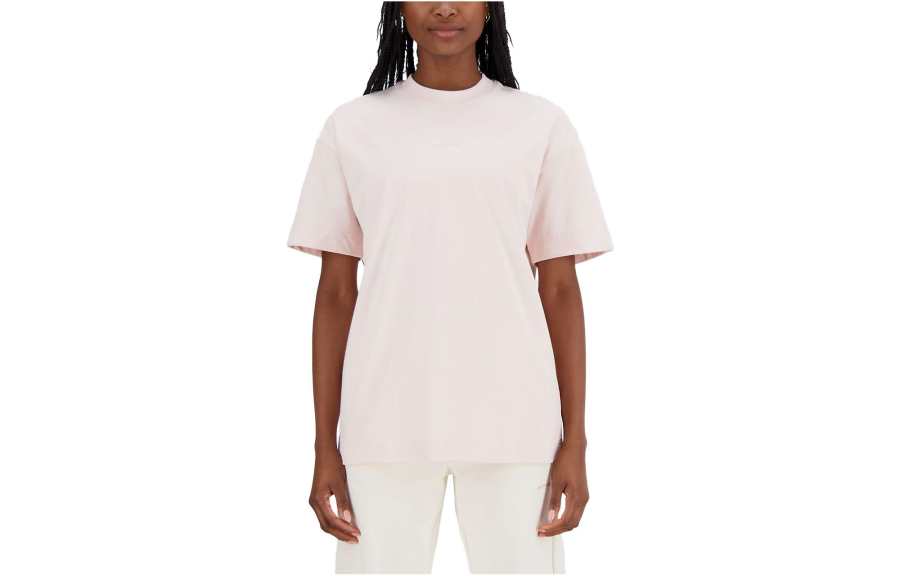 New Balance New Balance Athletics Linear T Shirts Women's Pink Crew Neck Moderate Straight Fit