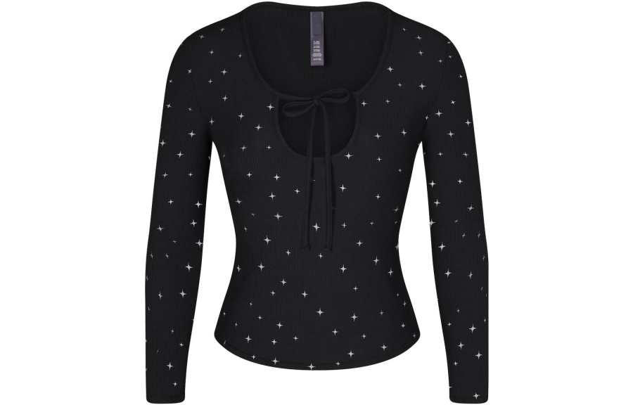 Skims SOFT LOUNGE LONG SLEEVE CROP TOP T Shirt Women's ONYX SPARKLE PRINT/Onyx Shimmery Print