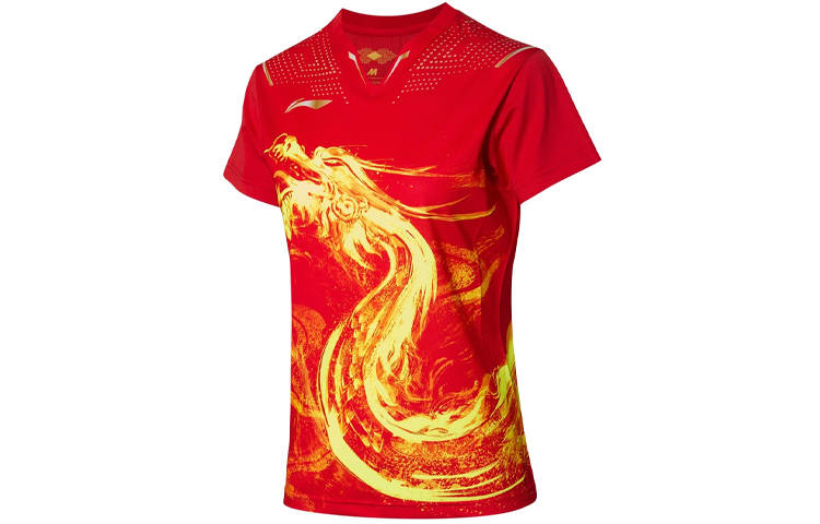 Li-Ning Li Ning T Shirts Women's Red V Neck Moderate Straight Fit