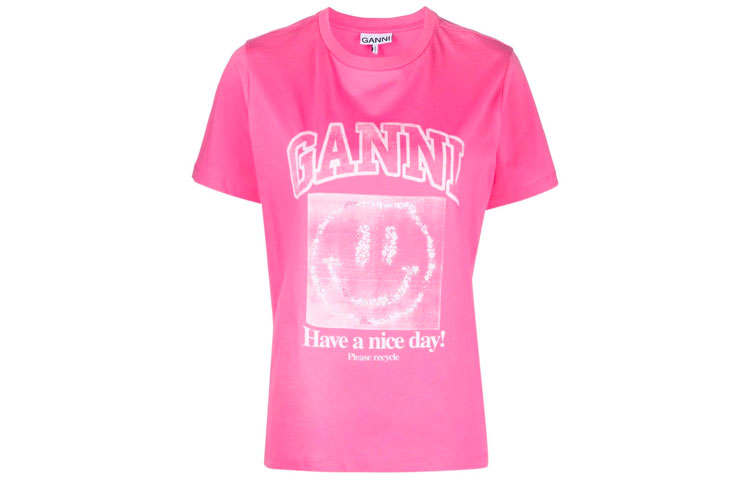 GANNI Basic Jersey Smiley Print O neck Relaxed T shirt 'Carmine Rose'