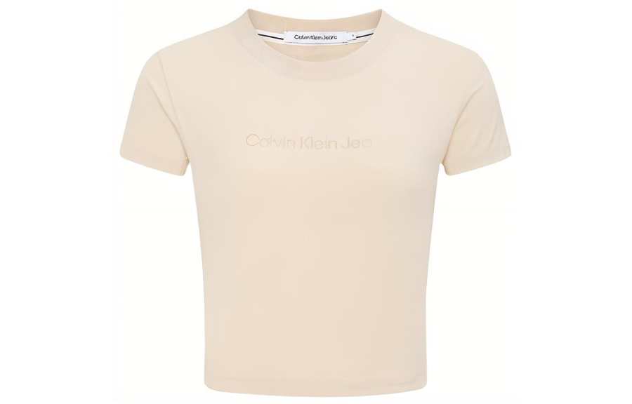 Calvin Klein Crop Tops Women's Light Khaki Crew Neck Moderate