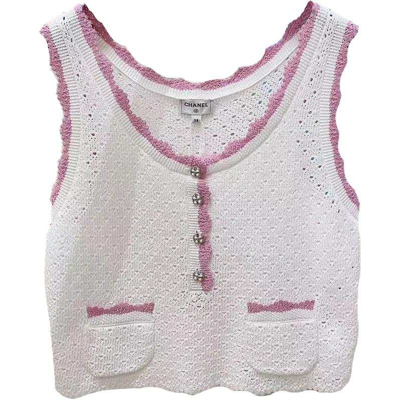 CHANEL Tank Tops Women's White Crew Neck Moderate Straight Fit