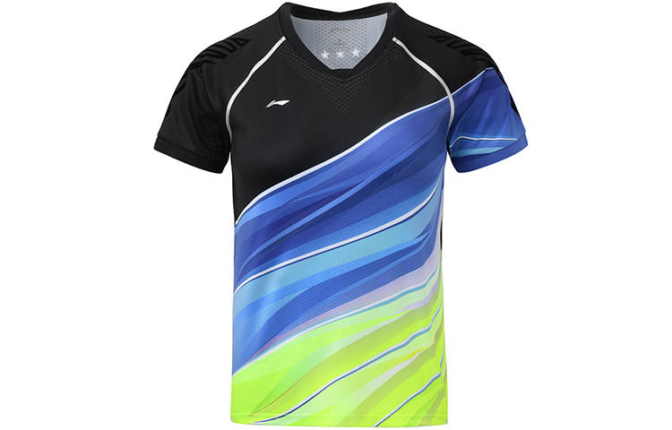 Li-Ning Li Ning Badminton Collection T Shirts Women's Standard Black/Neon Bright Green V Neck Moderate Straight Fit