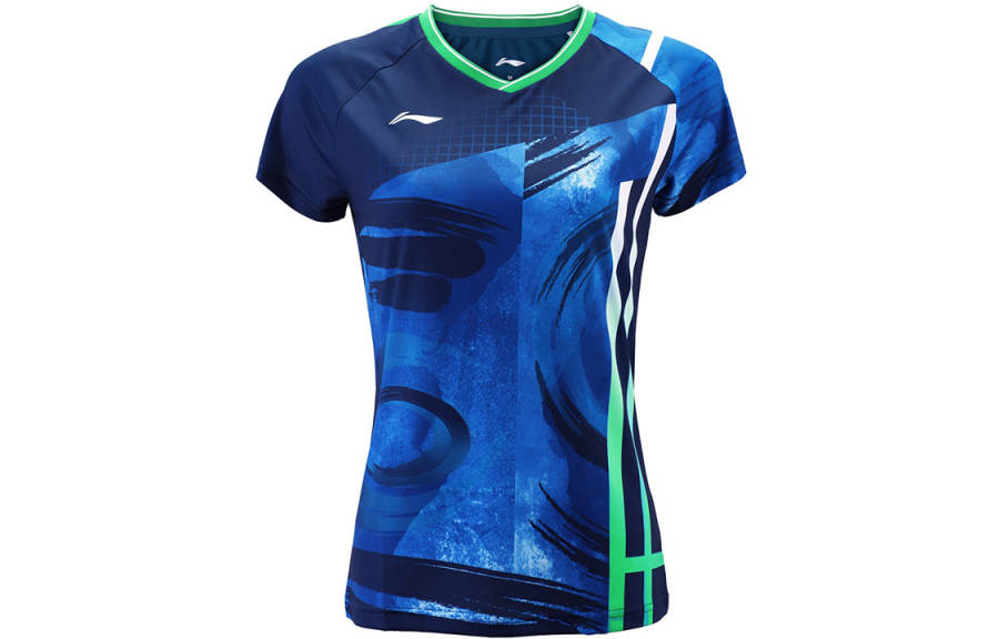Li-Ning Li Ning T Shirts Women's Guangdong Blue V Neck Moderate Straight Fit