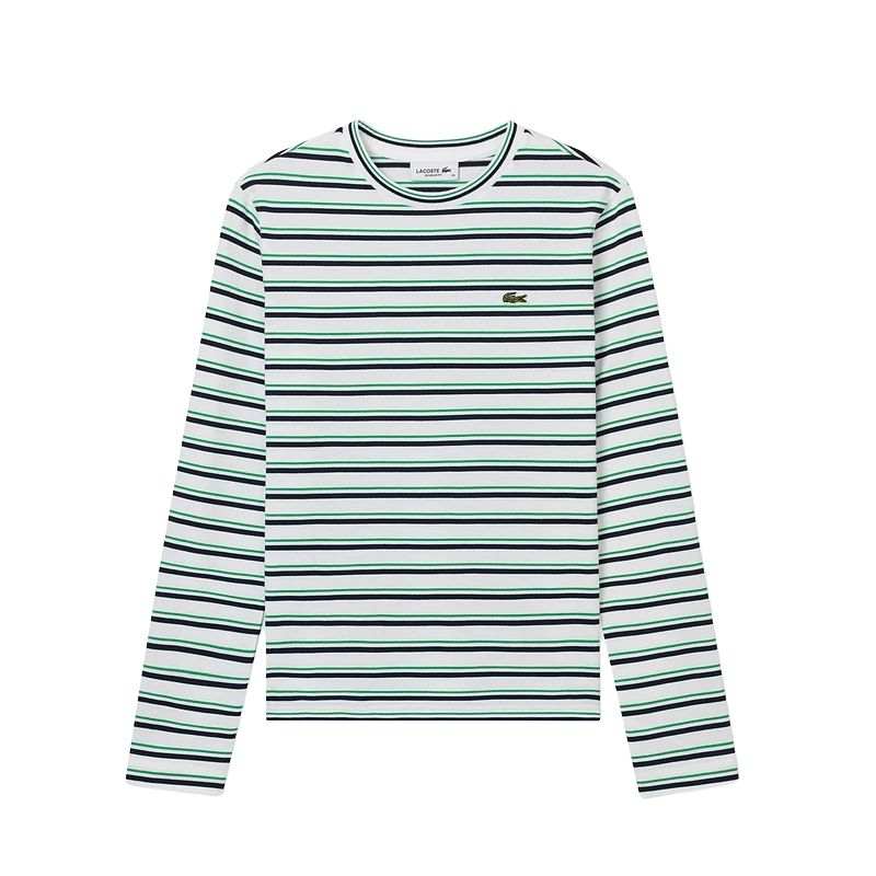 LACOSTE SS25 T Shirt Women's Green White/Dark Blue Stripes