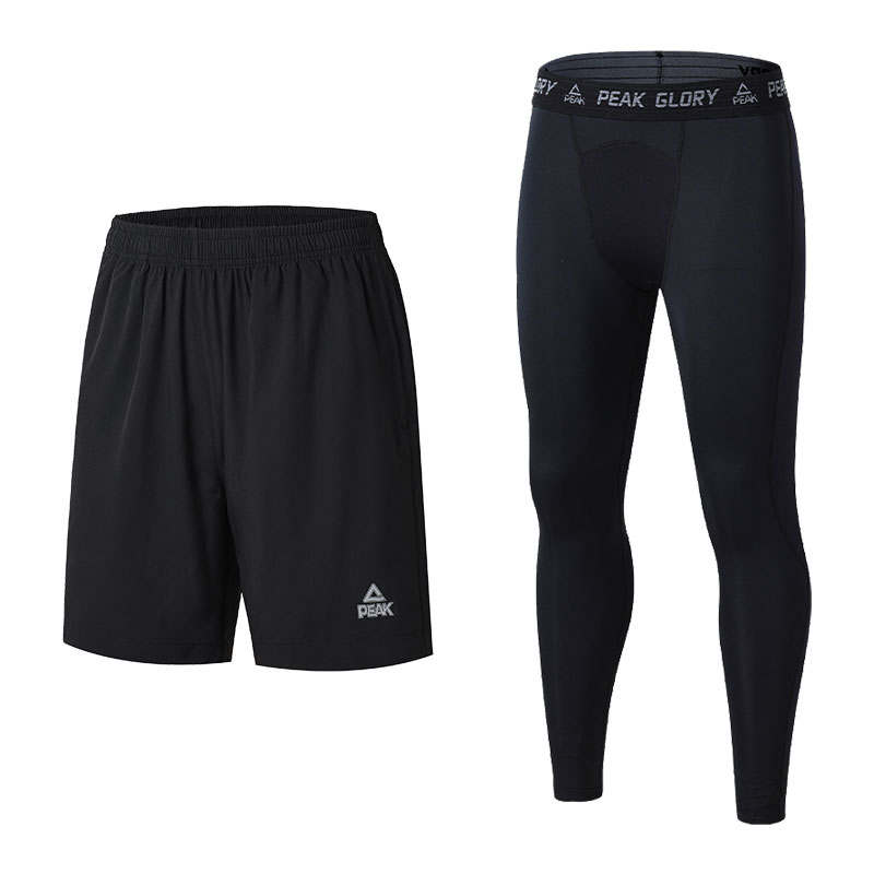 PEAK Fitness Sets Men's Black Shorts+Tight Fit Fitness Pants Moderate