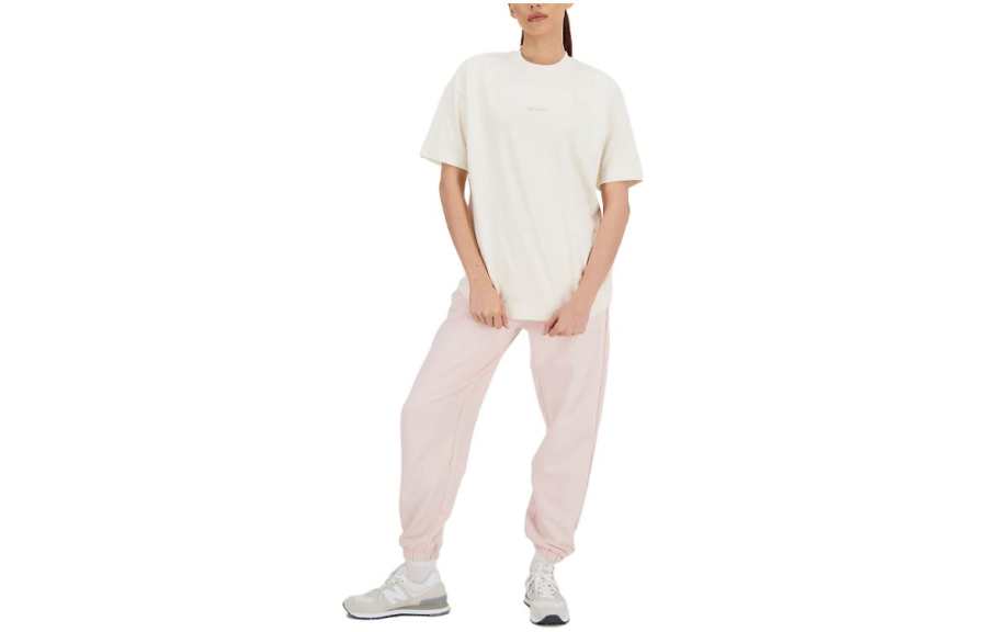 New Balance New Balance Athletics Linear T Shirts Women's Ecru Crew Neck Moderate Straight Fit