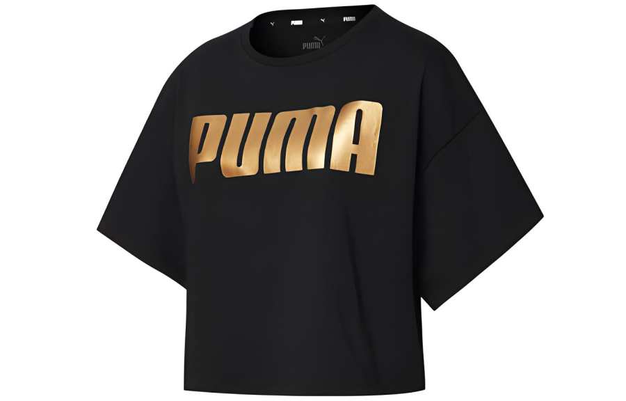 PUMA T Shirts Women's Black Gold Crew Neck Moderate Straight Fit