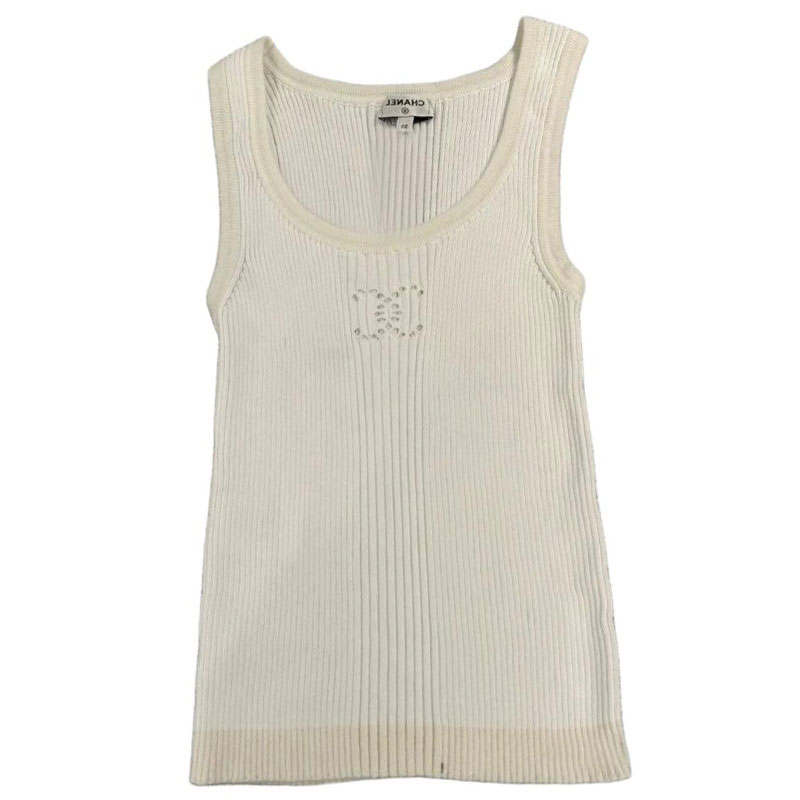CHANEL Tank Tops Women's White U Neck Moderate Straight Fit