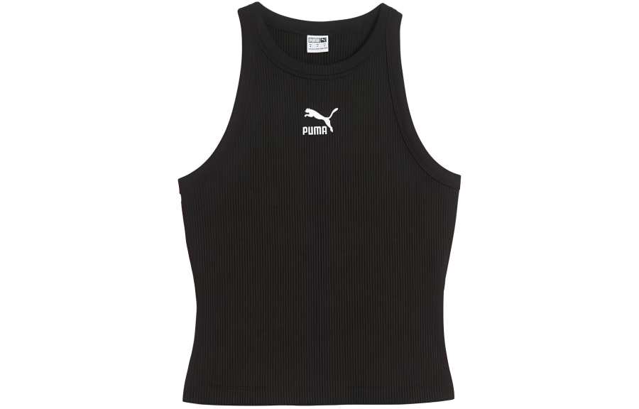 PUMA RIBBED Tank Tops Women's Black Crew Neck Moderate Straight Fit