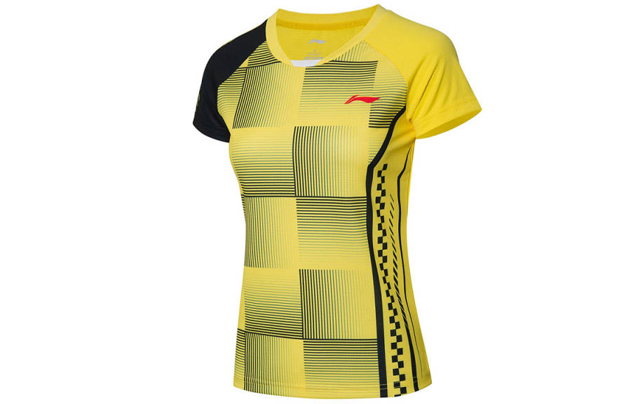 Li-Ning Li Ning T Shirts Women's Yellow V Neck Moderate Straight Fit