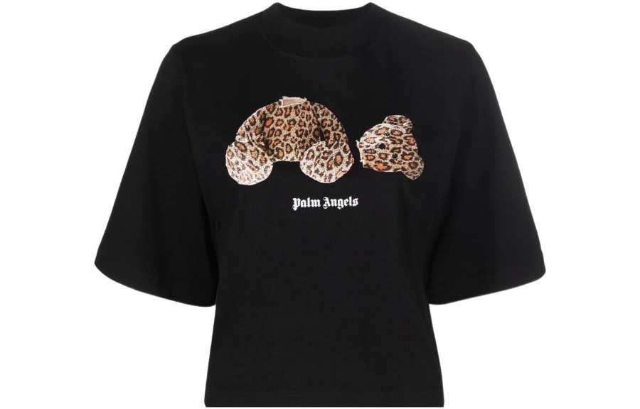 PALM ANGELS Women'ss Leopard Bear Cropped T Shirt Black/Brown