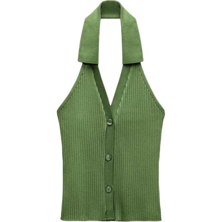 ZARA Tank Tops Women's Green Lapel Moderate Halter Neck