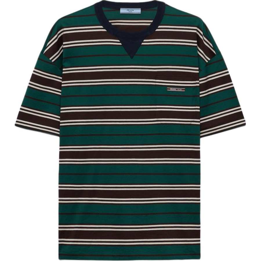 PRADA PRADA Logo Patch Striped Crewneck T Shirt