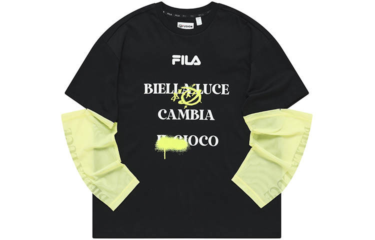 FILA FUSION T Shirts Women's Pitch Black Crew Neck Moderate Mock Two Piece