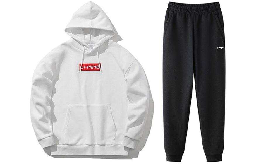 Li-Ning Li Ning Sweatshirt Sets Unisex White+Black Hooded Thickened