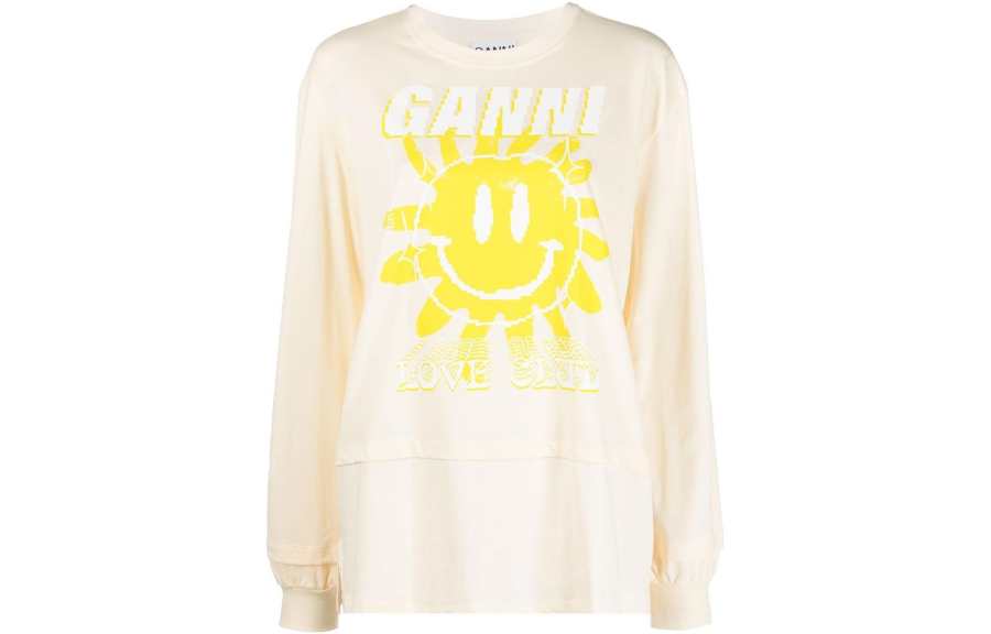 GANNI T Shirts Women's Ecru Crew Neck Moderate Straight Fit