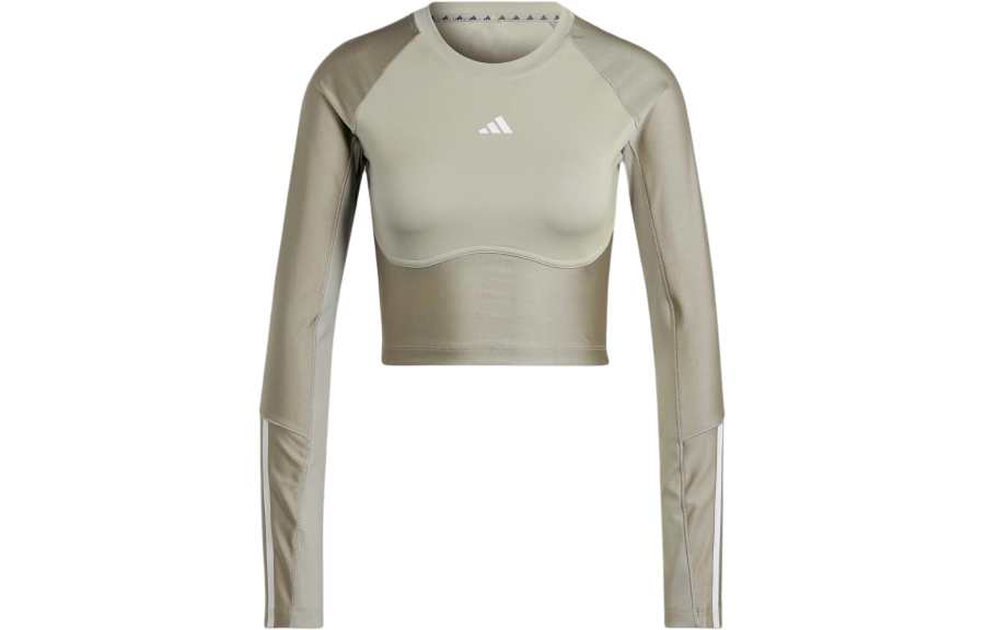 Adidas Adidas Hyperglam Shine Training Crop Long Sleeve Top T Shirt Women's Beige