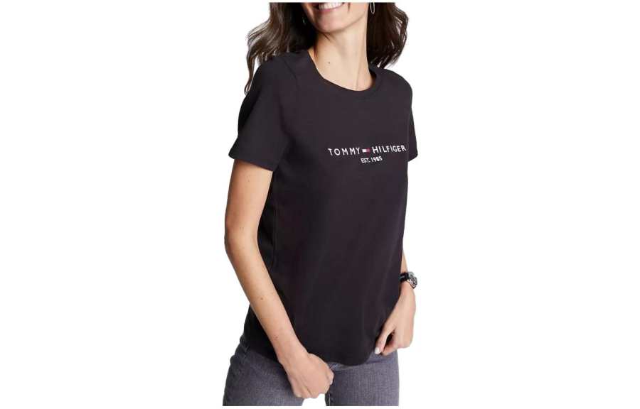 Tommy Hilfiger FW23 Embroidered Logo T Shirt T Shirt Women's Black