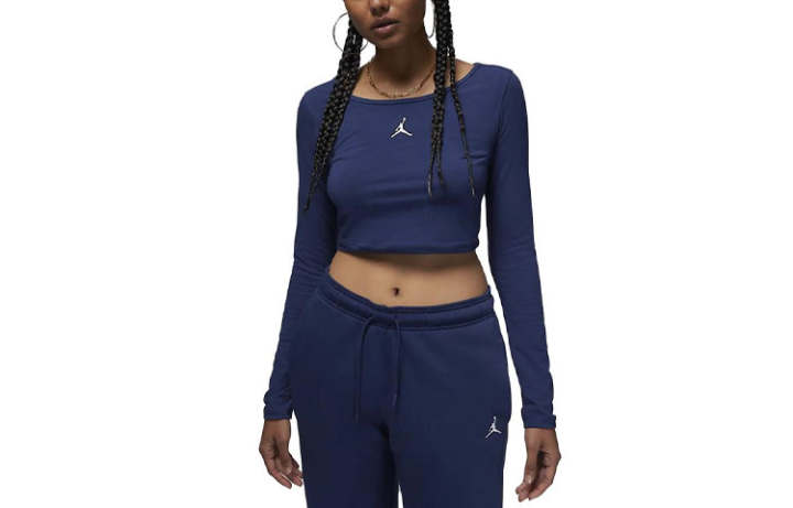 Jordan Jordan Flight Crop Tops Women's Marine Blue Crew Neck Moderate