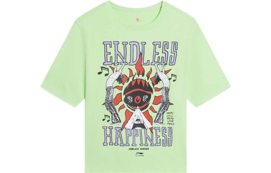 Li-Ning Li Ning T Shirts Women's Butterfly Pink Green Crew Neck Moderate Straight Fit